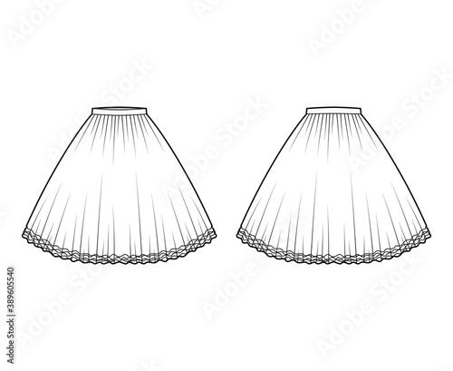 Skirt tutu crinoline technical fashion illustration with knee silhouette, circular fullness, thin waistband. Flat bottom template front, back, white color style. Women, men, unisex CAD mockup