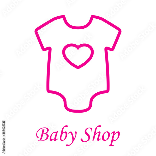 Boutique de ropa de bebé. Logotipo con texto Baby Shop y camiseta de bebé con corazón en líneas de color rosa