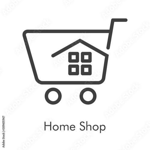 Logotipo con texto Home Shop con carrito de la compra con tejado de casa y ventanas con lineas en color gris
