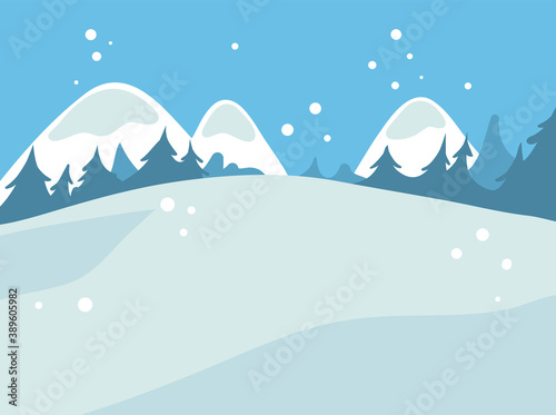 Hand drawn vector abstract fun stock flat Merry Christmas,and Happy New Year time cartoon festive card with cute illustrations of Xmas winter mountain landscape with fir trees on color background