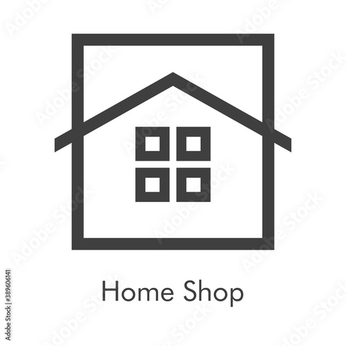 Logotipo con texto Home Shop con cuadrado con tejado de casa y ventanas con lineas en color gris