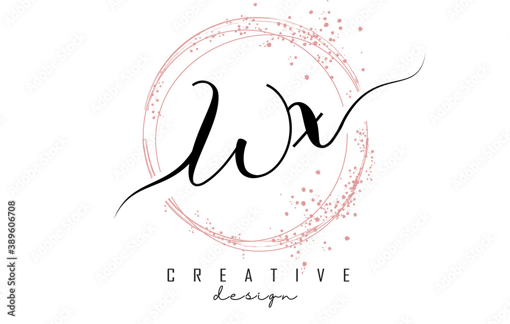 Handwritten Wx W x letter logo with sparkling circles with pink glitter. Handwritten Wx W x letter logo with sparkling circles with pink glitter.
