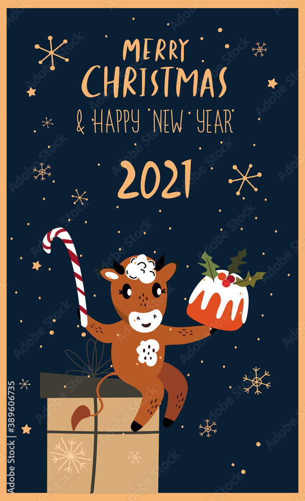 Fototapeta premium Christmas,Happy New Year Greeting Card.Cute Cartoon Bull Sitting on the Box of Gift Present,Biscuit Cake Stollen,Sweet Candy Cane.Cow 2021 Symbol.Holiday Winter Atmosphere.Calendar, Cards, Advertising