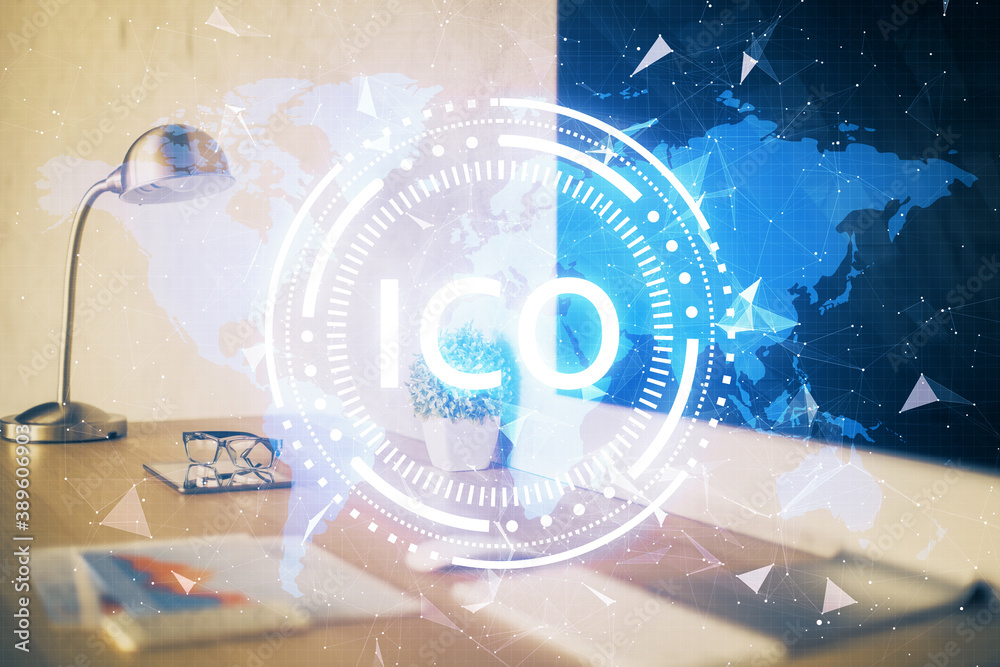 Multi exposure of blockchain and crypto economy theme hologram and table with computer background. Concept of bitcoin cryptocurrency. Multi exposure of blockchain and crypto economy theme hologram and table with computer background. Concept of bitcoin cryptocurrency.
