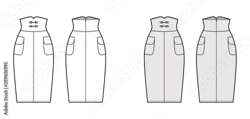 Skirt high waisted sheath technical fashion illustration with straight knee silhouette, pencil fullness, side pockets. Flat bottom template front, back, white grey color style. Women, men, CAD mockup