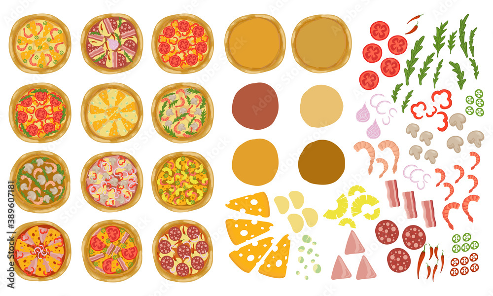 Pizza constructor set with base and toppings. Make or create your pizza. Vector illustration.