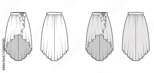 Skirt high low cascade wrap technical fashion illustration with semi-circular fullness, thick waistband. Flat bottom template front, back, white grey color style. Women, men, unisex CAD mockup