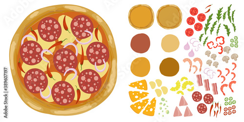 Pizza constructor set with base and toppings. Make or create your pizza. Vector illustration.