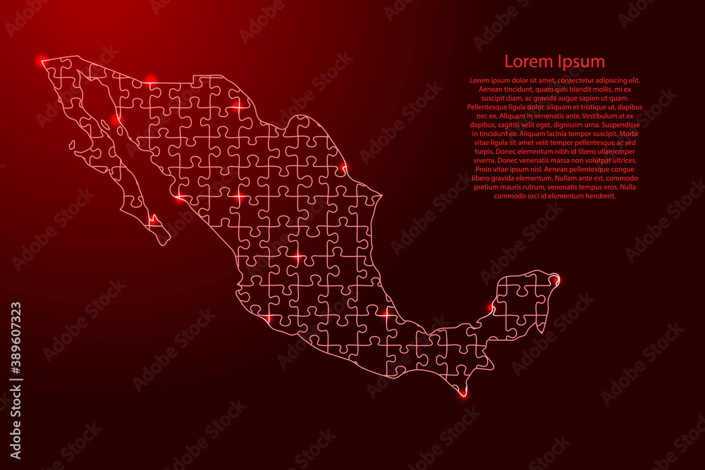 Mexico map from puzzles red line and glowing space stars parts mosaic grid. Vector illustration.