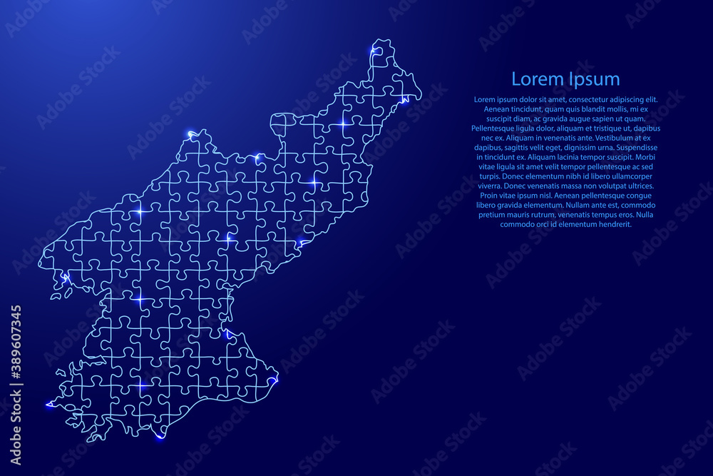North Korea map from puzzles blue line and glowing space stars parts mosaic grid. Vector illustration.