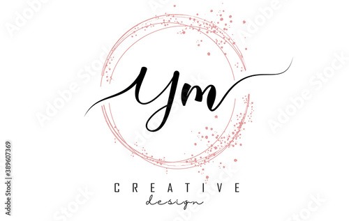 Handwritten YM Y M letter logo with sparkling circles with pink glitter.