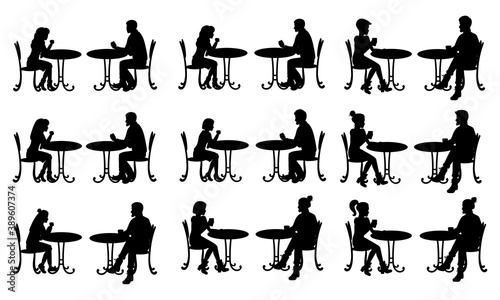 People sitting at the table in a restaurant silhouettes. Man and woman, couple sitting in a cafe or cafeteria set. Vector illustration.
