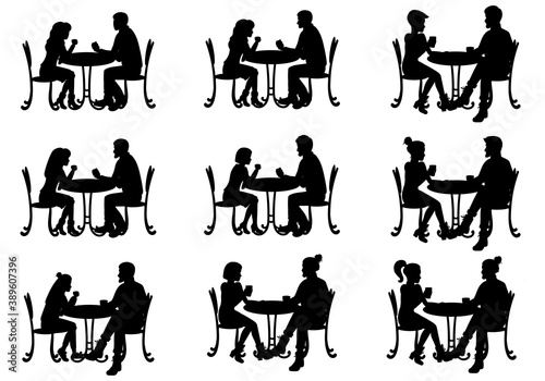 People sitting at the table in a restaurant silhouettes. Man and woman, couple sitting in a cafe or cafeteria set. Vector illustration.