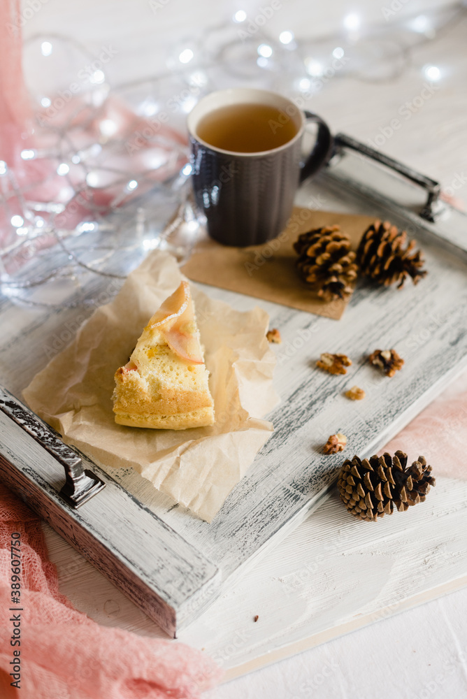 Breakfast with apple pie and a mug of tea for Christmas Breakfast with apple pie and a mug of tea for Christmas