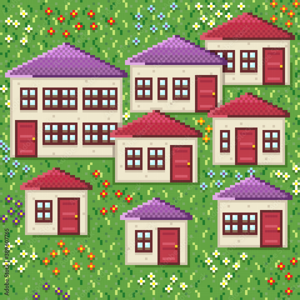 Cute houses. Pixel art style. Village pixel art. Vector picture. Village among flower gardens.