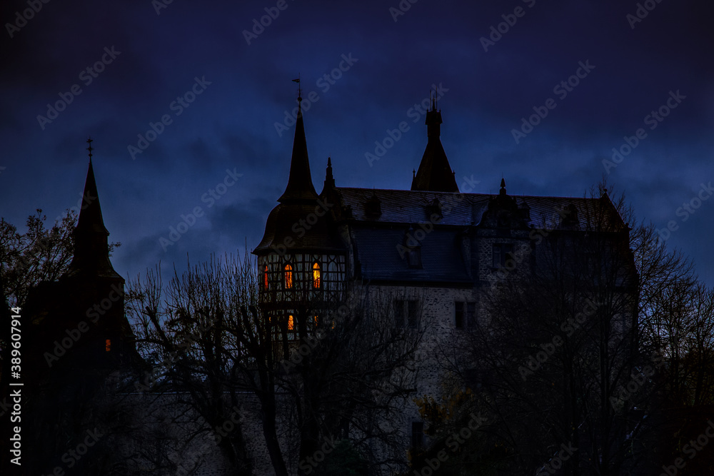 Beautiful old historic castle Romrod in Hessen, Germany. View on Schloss Romrod by night.
