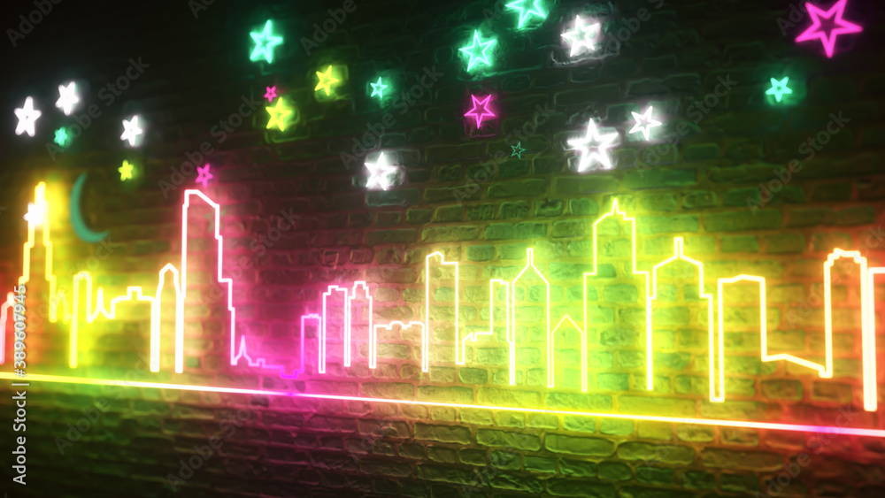 Shimmering neon night city against a brick wall with stars and the moon. Night city concept. 3d illustration