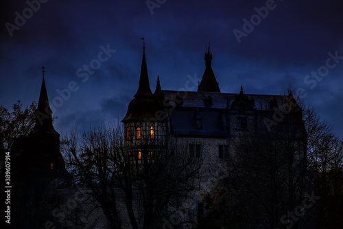Beautiful old historic castle Romrod in Hessen, Germany. View on Schloss Romrod by night.