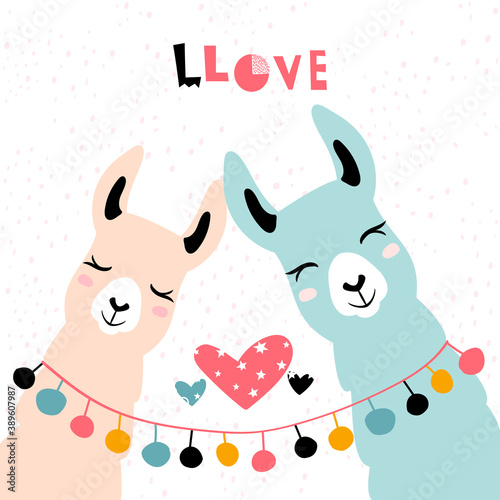 Llama Alpaca. Pair of loving llamas. Vector illustration