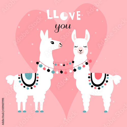 Llama Alpaca. Pair of loving llamas. Vector illustration