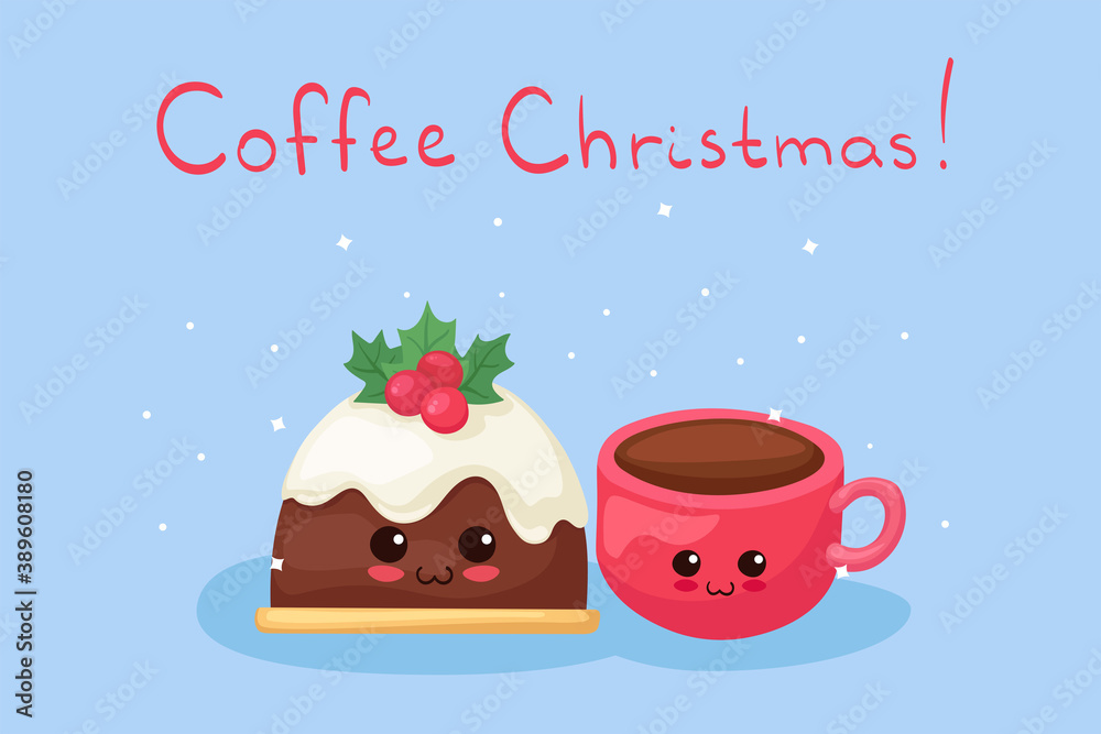 Kawaii stock vector illustration with cute Xmas Cake & Coffee Cup. Happy funny food character with lettering. Happy New Year and Merry Christmas element. Use for children holidays menu, print, poster. Kawaii stock vector illustration with cute Xmas Cake & Coffee Cup. Happy funny food character with lettering. Happy New Year and Merry Christmas element. Use for children holidays menu, print, poster.