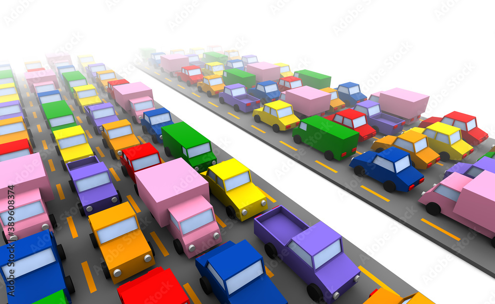 3D illustration of many colorful cars in a traffic jam. 3D illustration of many colorful cars in a traffic jam.