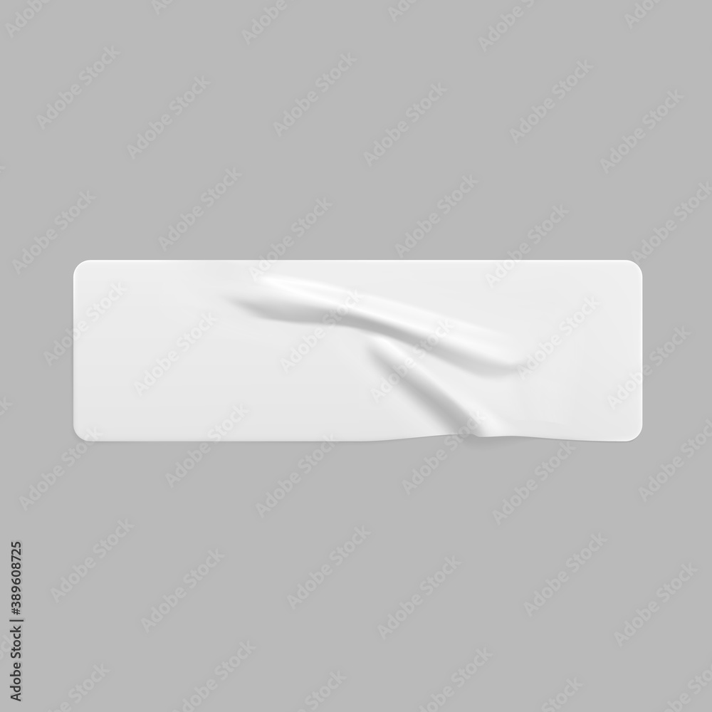 White glued crumpled rectangle sticker mock up. Blank white adhesive paper or plastic sticker label with wrinkled and creased effect. Template label tag close up. 3d realistic vector White glued crumpled rectangle sticker mock up. Blank white adhesive paper or plastic sticker label with wrinkled and creased effect. Template label tag close up. 3d realistic vector