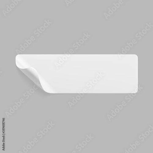 White glued rectangle sticker with curled corners mock up. Blank white adhesive paper or plastic sticker label with wrinkled and creased effect. Template label tag close up. 3d realistic vector
