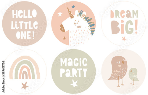 Funny Hand Drawn Magic Party Vector Toppers with Cute unicorn, Rainbow and Little Birds Isolated on a Brown, Green and White Background. Simple Infantile Style Nursery Art ideal for Candy Bar Tags.