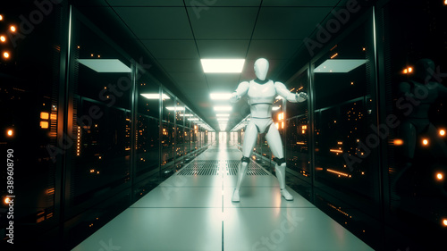 Wallpaper Mural Dancing robot in the server room. Data servers behind glass panels in the server room of the data center. 3d illustration Torontodigital.ca