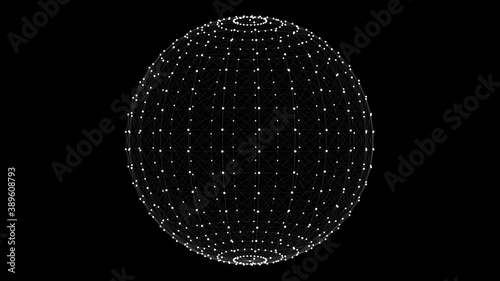 3d wireframe sphere with dots and lines on it on black background. 3d rendering