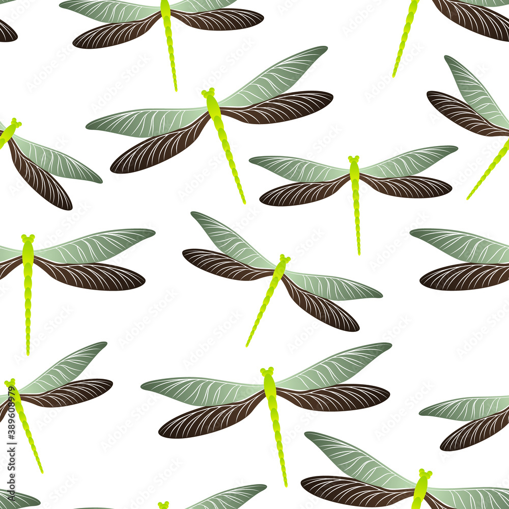 Dragonfly charming seamless pattern. Spring dress textile print with darning-needle insects. 