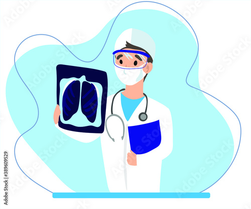 Medical doctor looking at x-ray picture of lungs in hospital. Covid-19 consept. Pneumonia test, radiography, coronavirus