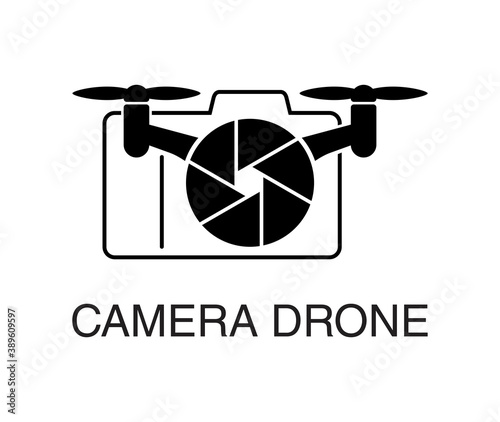 Camera Drone logo or icon - combination of photocamera silhouette and blades of quadrocopter - minochrome vector emblem
