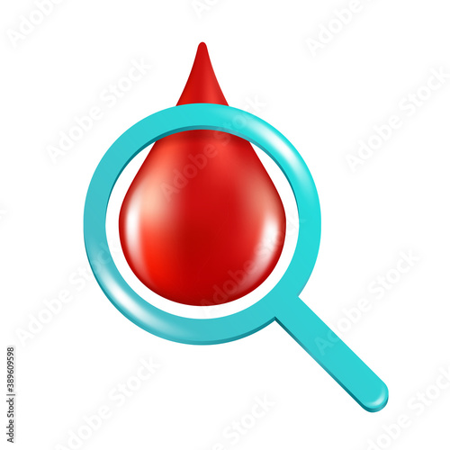 Hematology logo - the medicine study of cause, prognosis, treatment, and prevention of diseases related to blood - realistic red drop and loupe