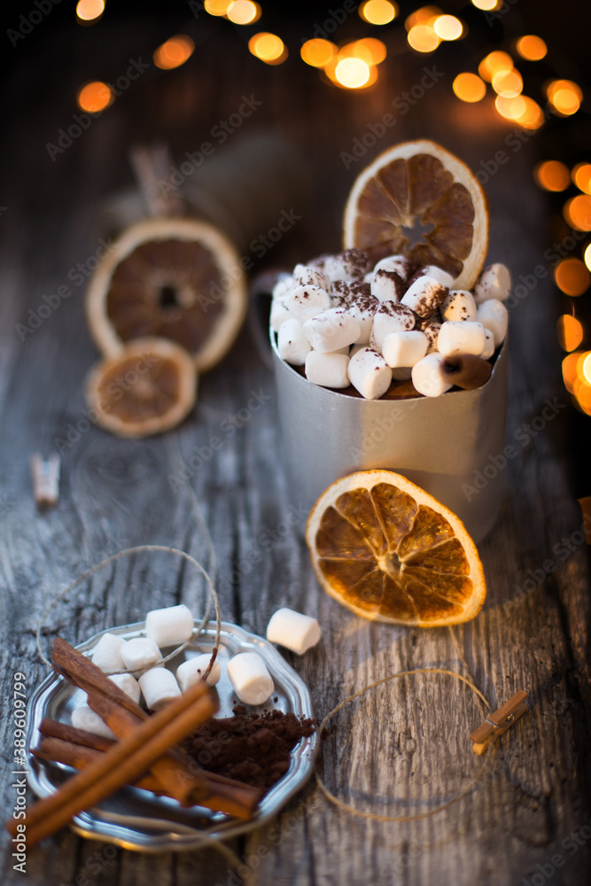Winter coffee with marshmallows. Time to relax