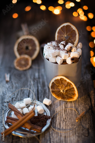 Winter coffee with marshmallows. Time to relax