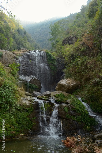 Waterfall in the Rock Garden   also known as Barbotey Rock Garden   . Water flowing down from mountains. Darjeeling  India