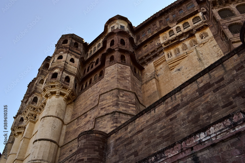 View of Mehrangarh Fort (Mehran) from low angle. Largest fort palace in India and popular travel destination. Jodhpur, Rajasthan, India.