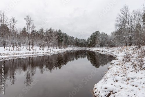 Winter forest covered with snow in the early morning is reflected in the river.