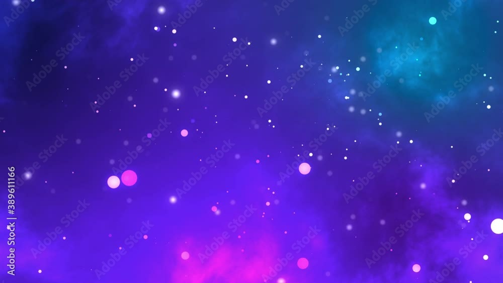 Winter abstract background of a some moving shiny particles in the air and a purple smoke in the background