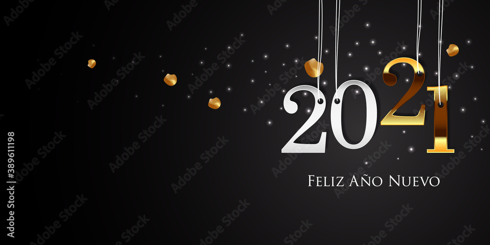 Naklejka premium 2021 New Year Spanish greeting card (Feliz Año Nuevo 2021). Spanish 2021 New Year Version. Spanish 2021 Happy New Year background.