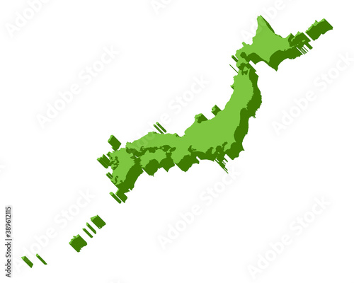 日本地図3Dベクター立体イラスト素材緑色トラベル