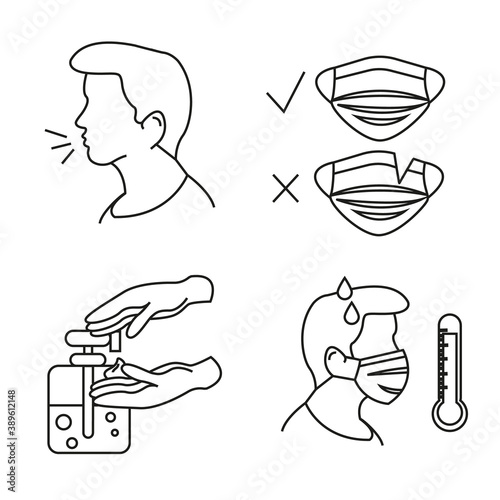 vector coronavirus with illustrative person, sanitizer, proper medical mask wearing and symptoms on white