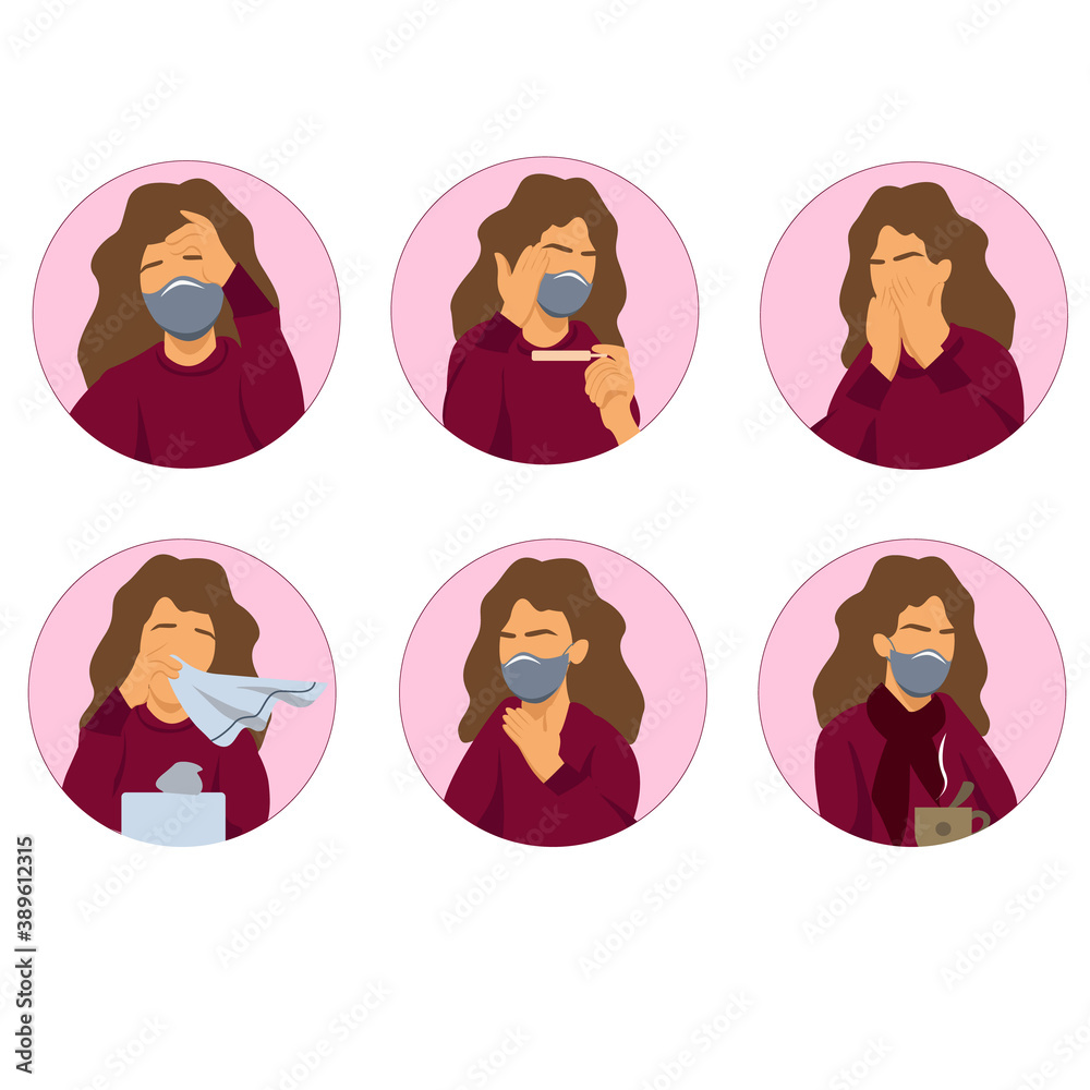 vector coronavirus icons with illustrative woman with coronavirus symptoms on white vector coronavirus icons with illustrative woman with coronavirus symptoms on white