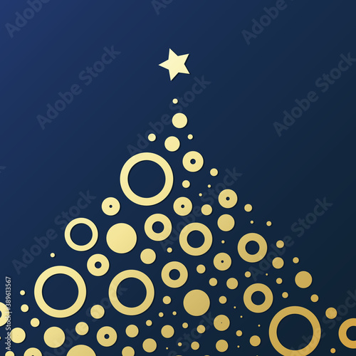 Merry Christmas, Happy Holidays Card - Christmas Tree Shape Made of Golden Circles on a Dark Blue Background