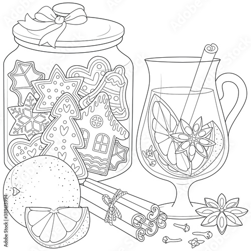 Christmas sweets with grog black and white illustration for coloring