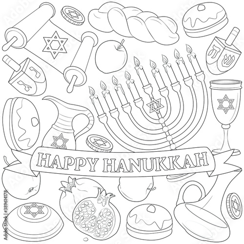 Happy hanukkah vector set black and white illustration for coloring