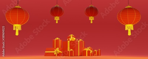chinese new year concept, red gold panoramic background view on red gifts and golden ribbons , copy space, many gifts collected in the middle Chinese lanterns © everigenia