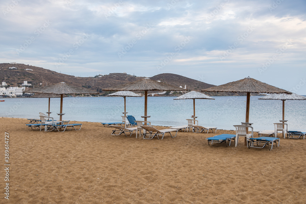 View of the sandy beach in Chora, Ios island, Greece.